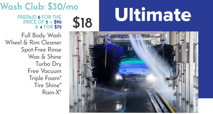 The Ultimate $18. Full Body Wash, Wheel & Rim Cleaner, Spot Free Rinse, Turbo Dry, Free Vacuum, Triple Foam, Tire Shine, Rain-X